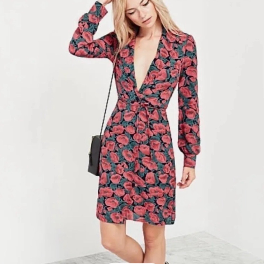 Reformation Floral Wrap Mini Dress Pink Poppy Print Long Sleeve